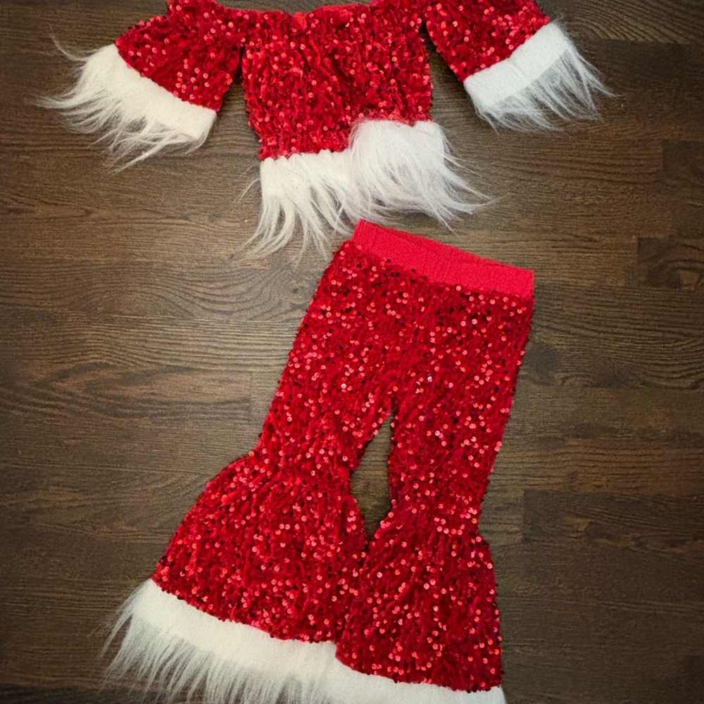 Red Sequin Toddler Outfit with White Fur Trim